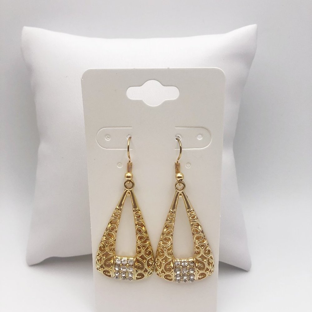 Gold Plated Crystal Filigree Triangle Dangle Drop Earrings